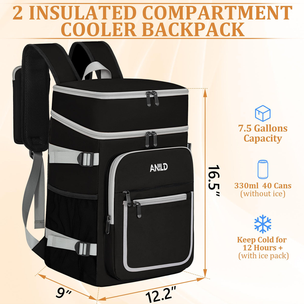 ANILD Cooler Backpack two-compartment layout for organized meals and drinks