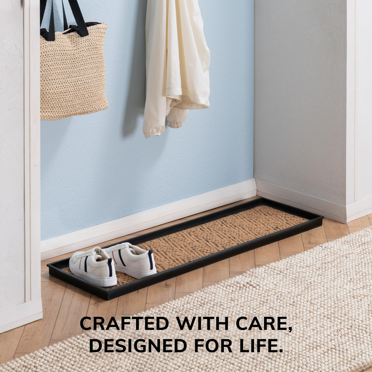 Anji Mountain four-pair capacity tray reduces clutter at the door.