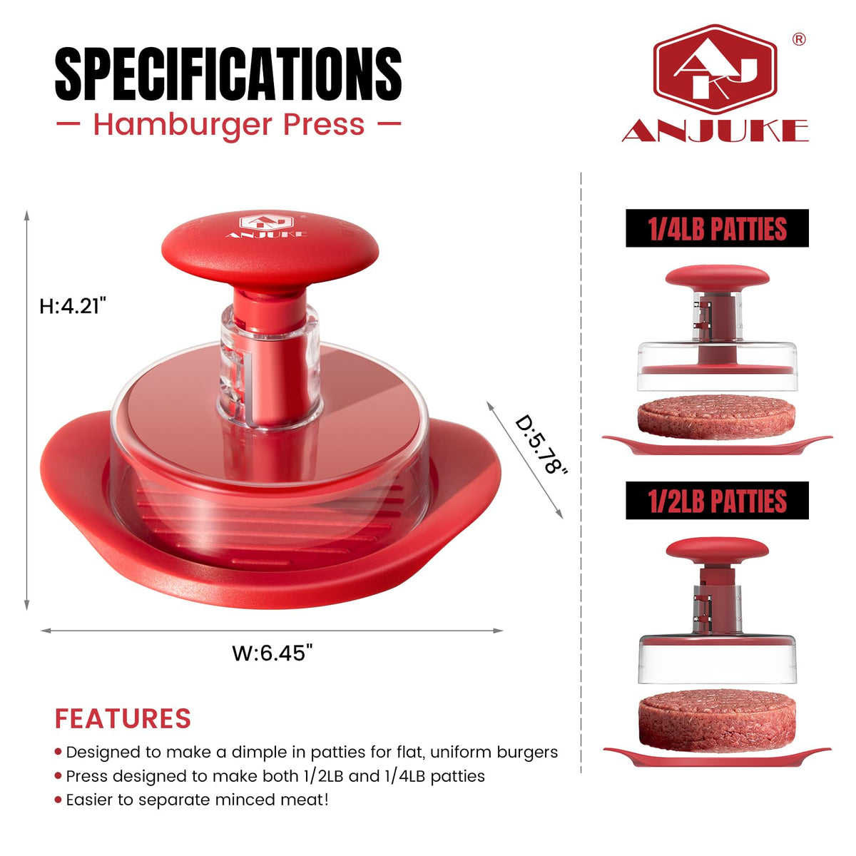 ANJUKE Burger Press easy release surface reduces sticking during patty formation.