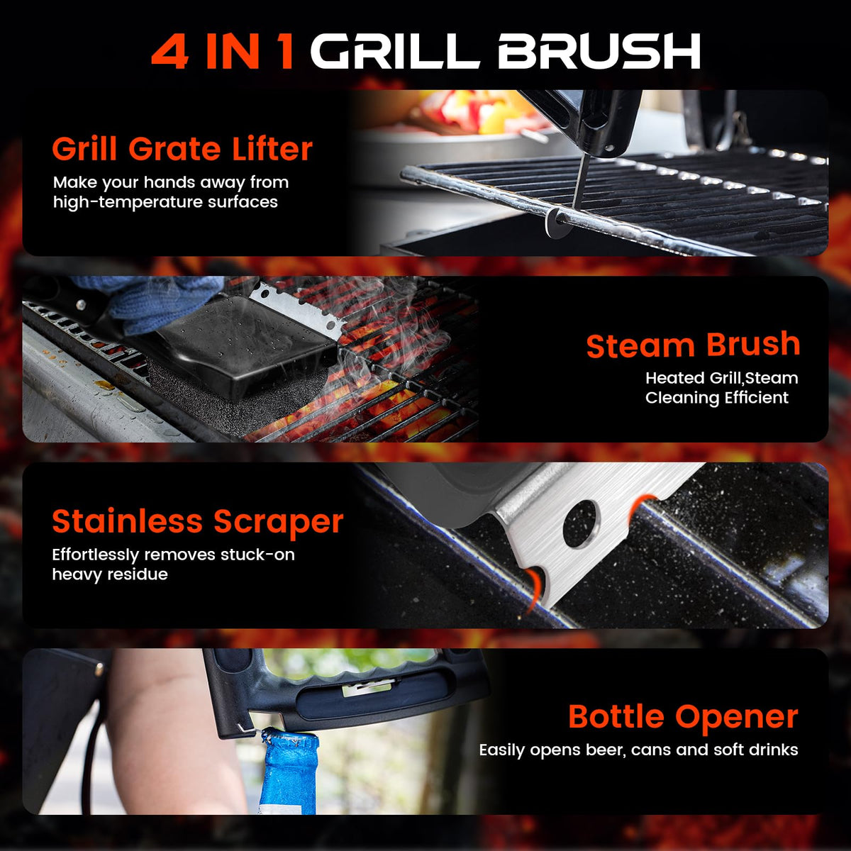 ANJUKE grill brush scraper adapts to round, square, and rectangular grates
