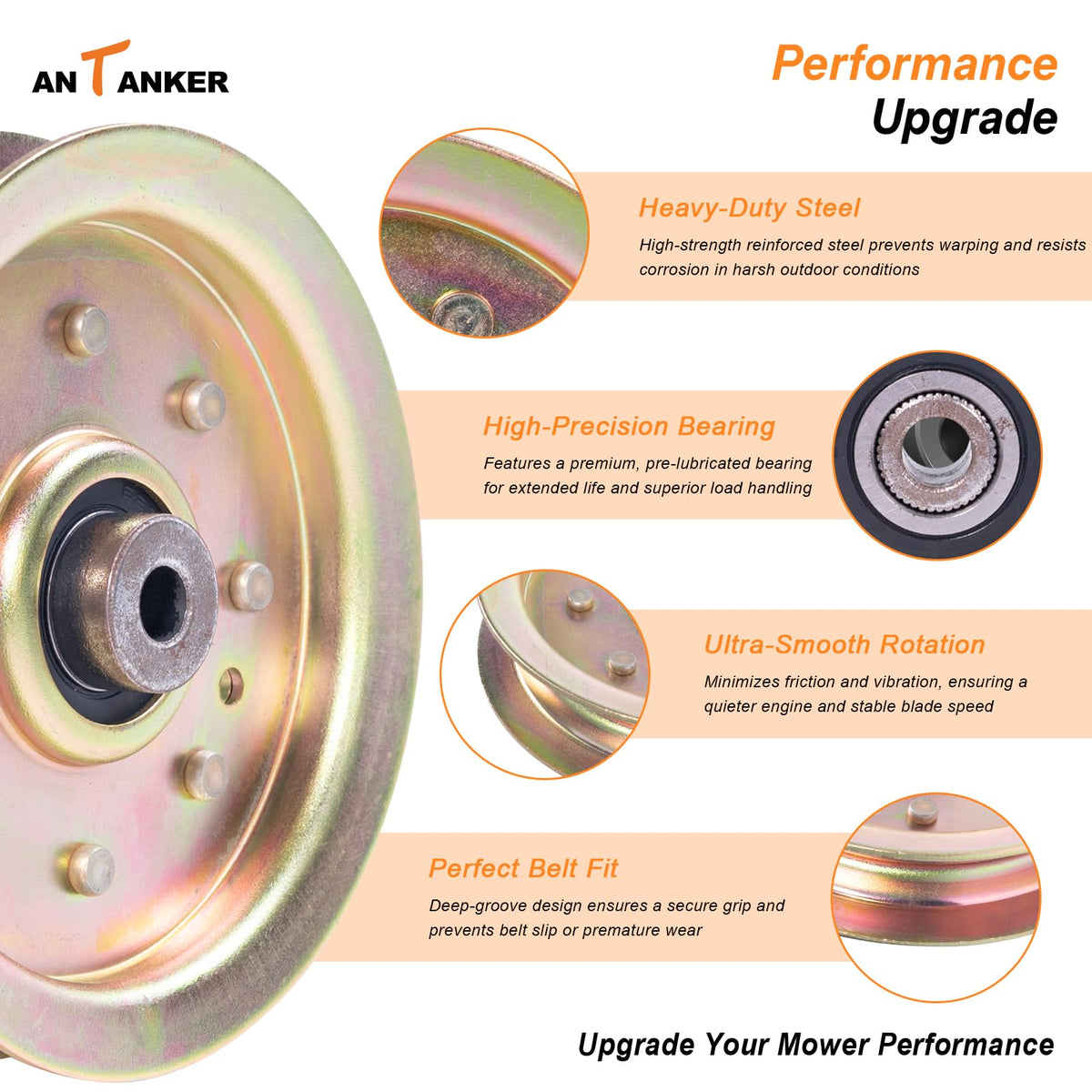 Antanker flat idler pulley assembly includes bolt and nut for easy replacement