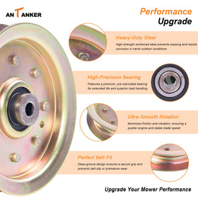 Antanker flat idler pulley assembly includes bolt and nut for easy replacement