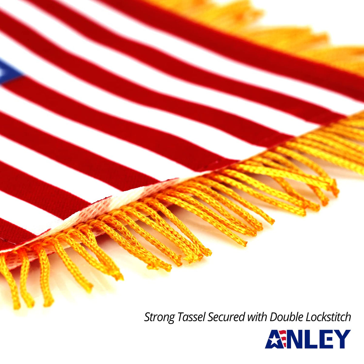 Anley 4x6 American fringy window flag back side view, double-sided print visibility.