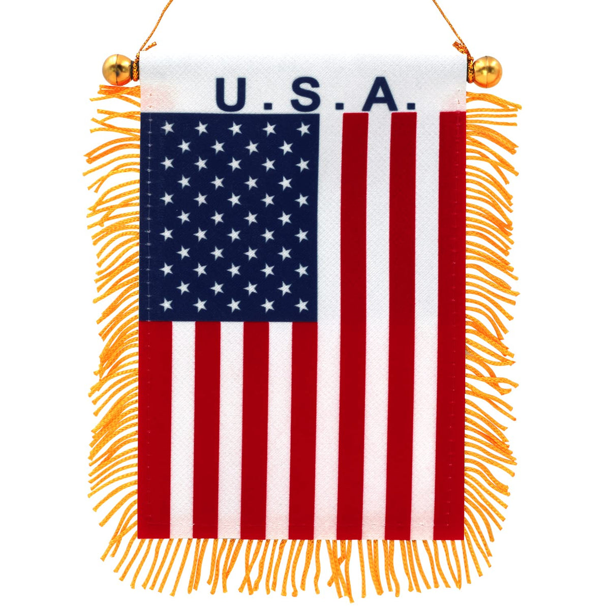 Anley 4x6 American fringy window flag front view, ideal for car rearview mirror display.