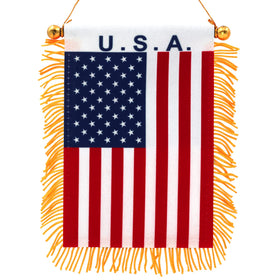 Anley 4x6 American fringy window flag front view, ideal for car rearview mirror display.
