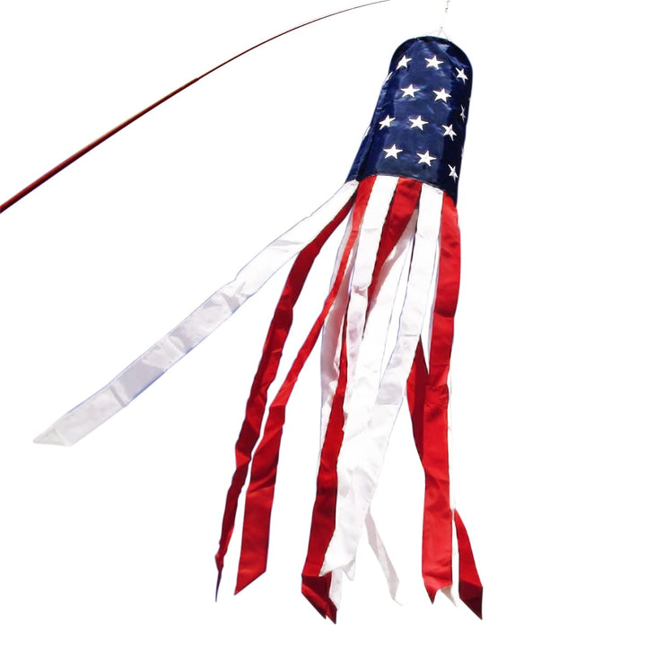 Anley 60-inch American flag windsock with embroidered stars for bold porch decor.