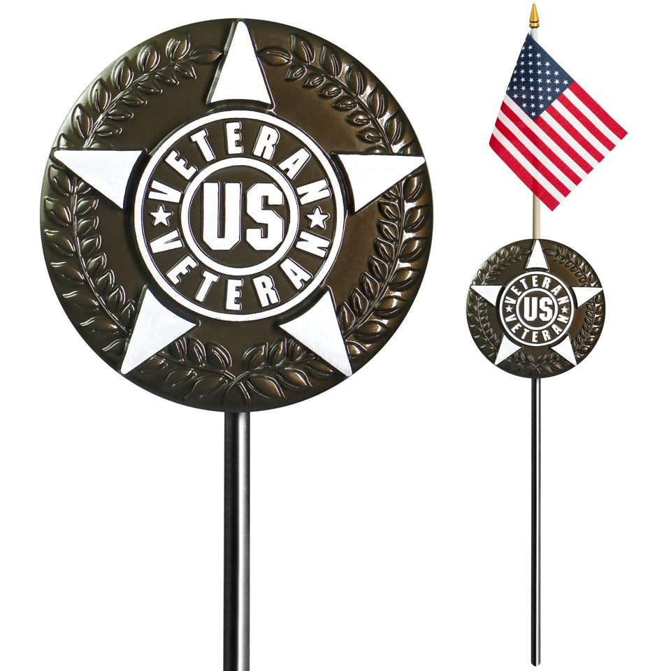 Anley American Veteran Grave Marker with flag ready for cemetery display.