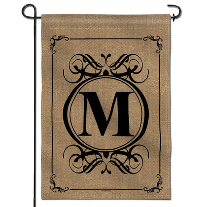 Anley Classic Monogram M Garden Flag front view shows welcoming entry with bold monogram.