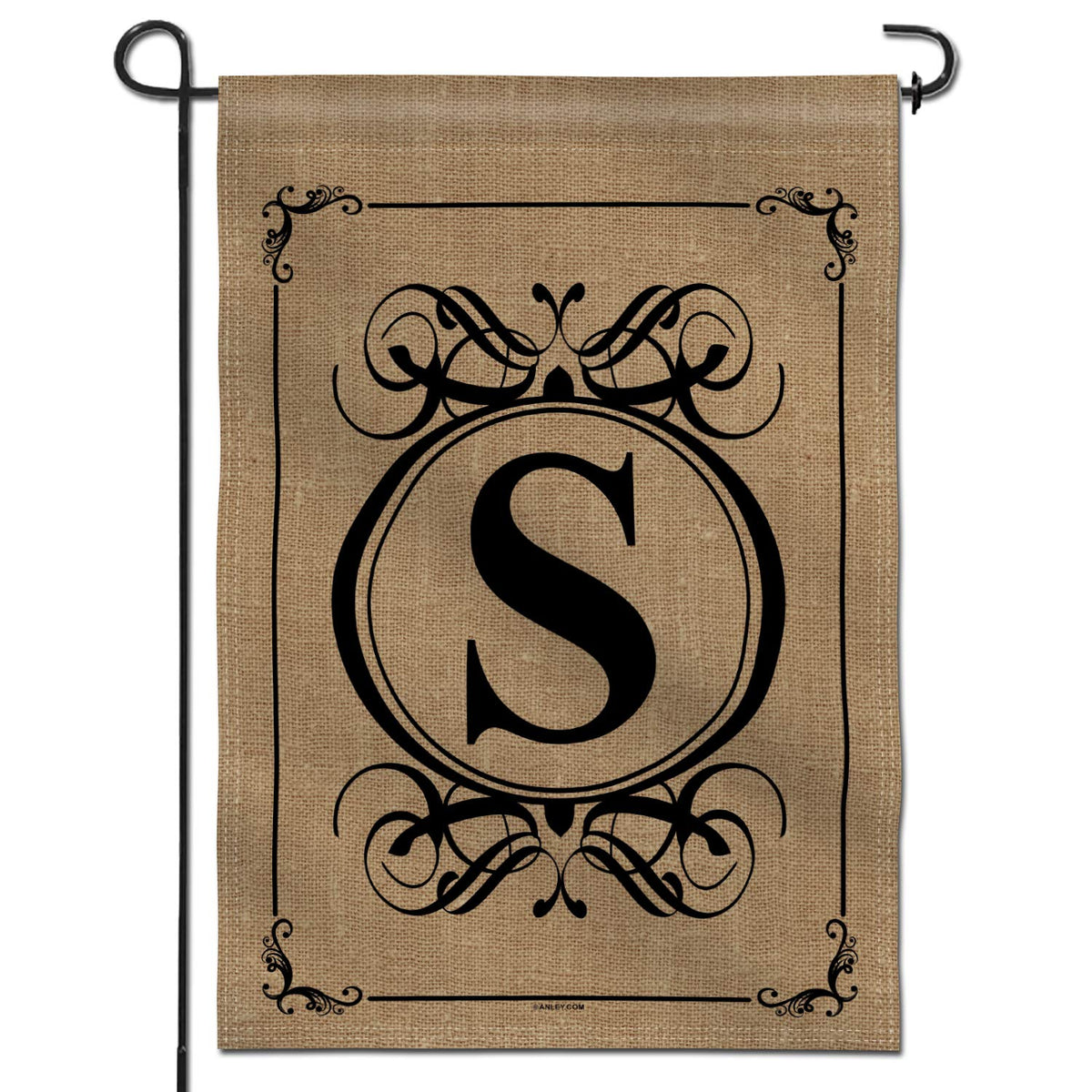 Anley classic monogram S garden flag front view, durable double-stitched fabric.