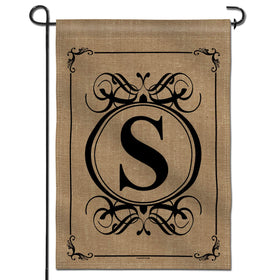 Anley classic monogram S garden flag front view, durable double-stitched fabric.