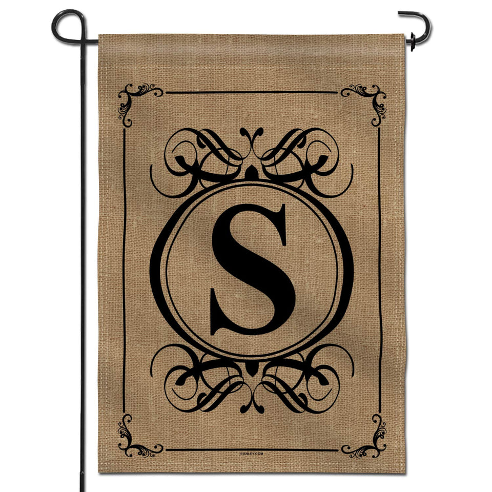 Anley classic monogram S garden flag front view, durable double-stitched fabric.