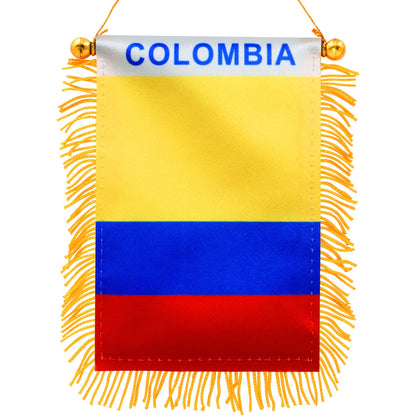 Anley Colombia fringy window flag overview, compact 4x6 size for cars.
