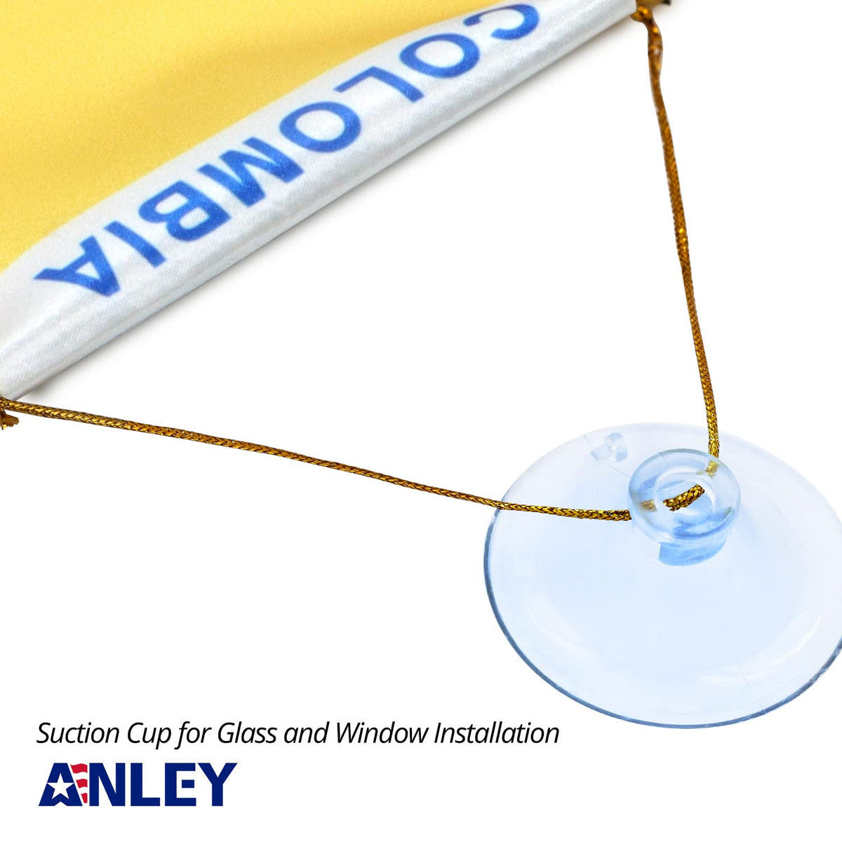 Anley Colombia fringy window flag with suction hanger for versatile home or car decor.