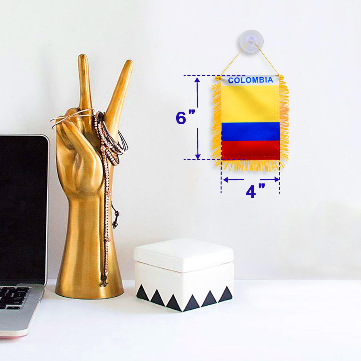 Anley Colombia fringy window flag installed in a window for decorative ambiance.