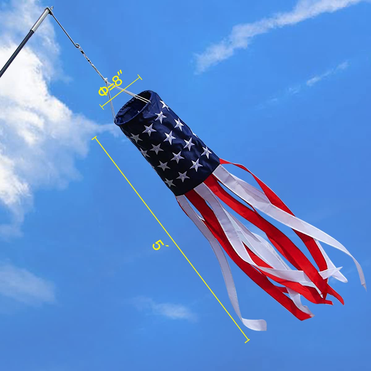 Anley windsock shows densely embroidered stars highlighting craftsmanship for patriotic display.