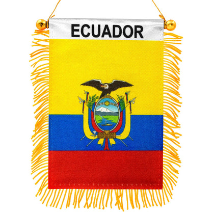 Anley Ecuador fringy window flag front view with vibrant, fade-resistant print for car decor