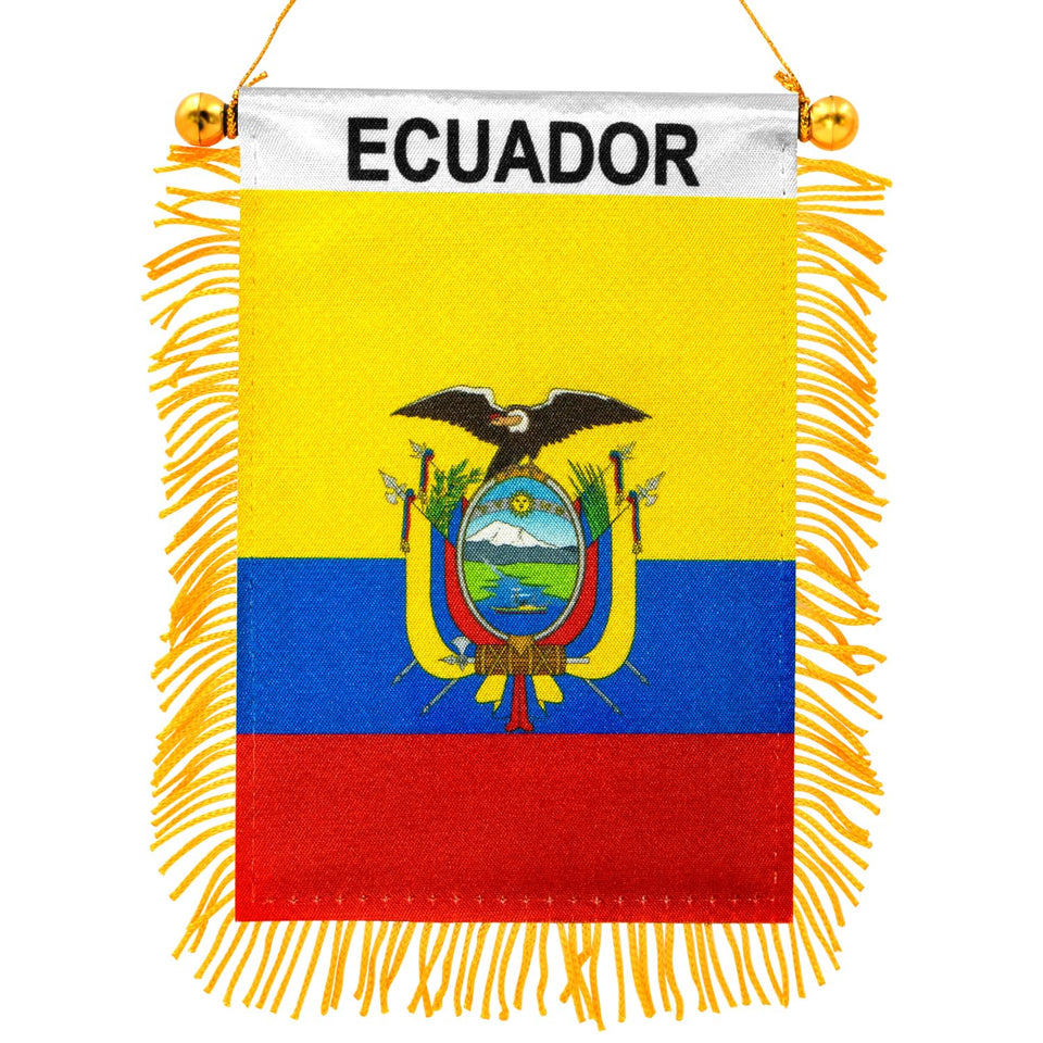 Anley Ecuador fringy window flag front view with vibrant, fade-resistant print for car decor