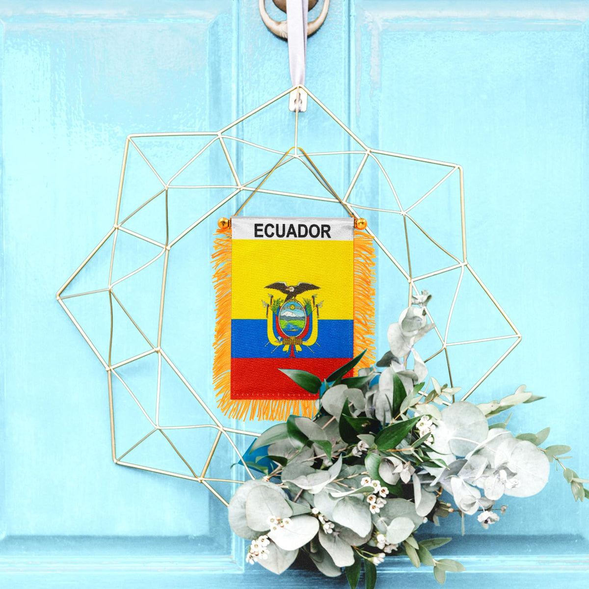 Anley Ecuador fringy window flag displayed on a home window in daylight