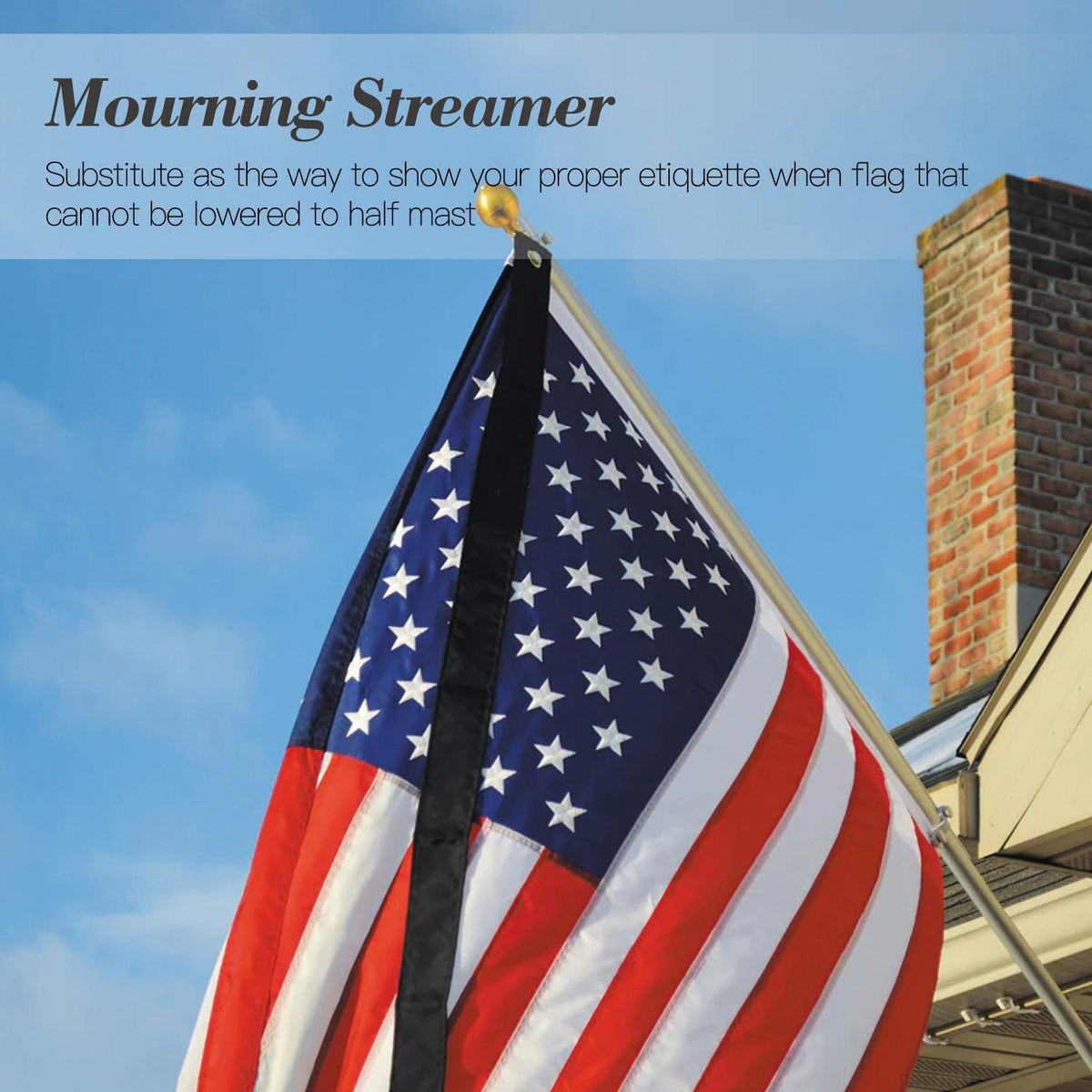Anley half-mast mourning ribbon shown mounted on a flagpole.