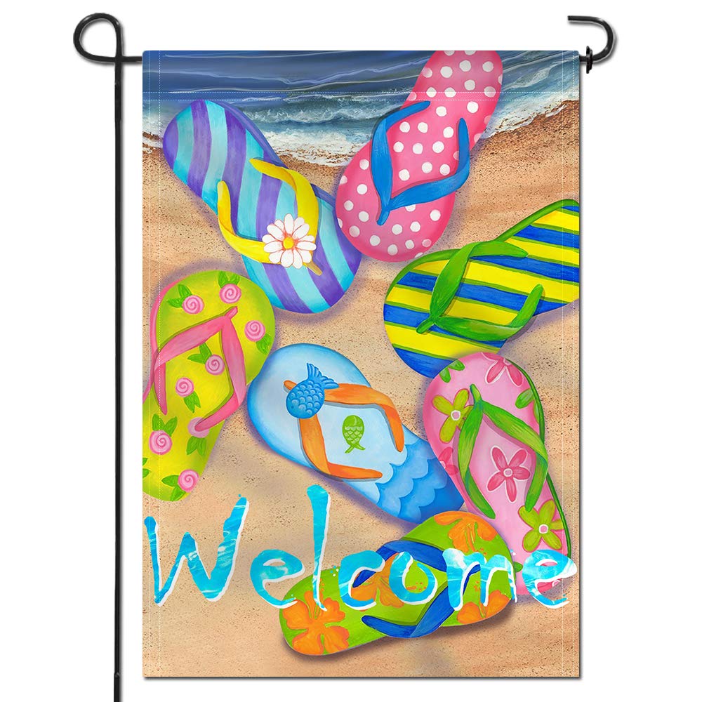Anley Flip Flops Welcome garden flag greets guests with a playful summer vibe.