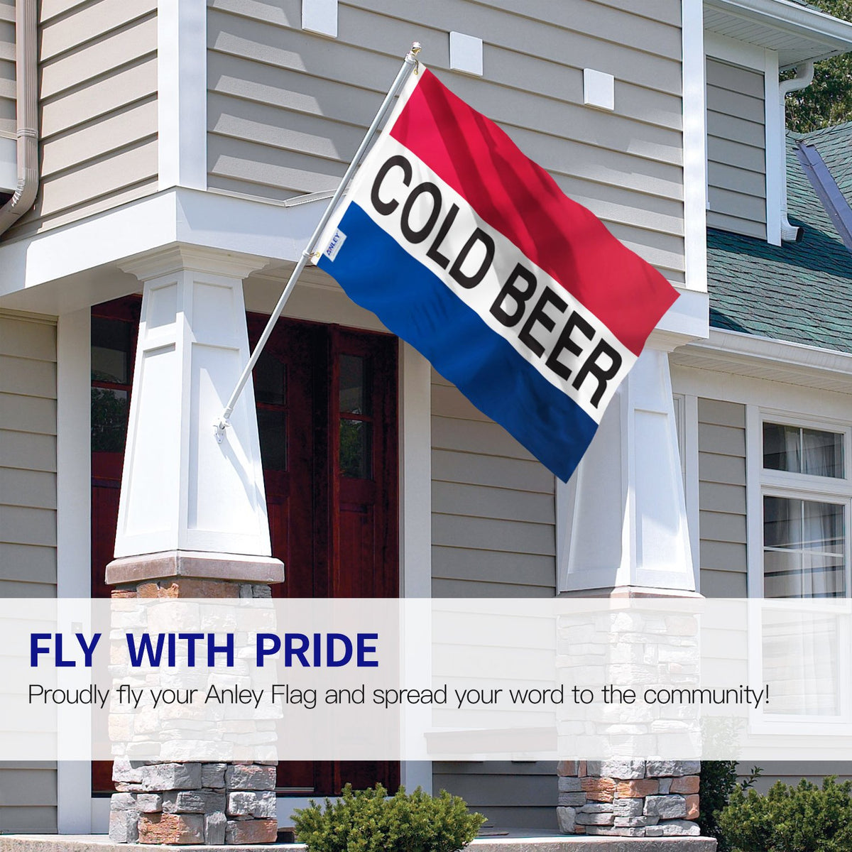 Anley Fly Breeze 3x5 Cold Beer Flag side packaging image highlights durable construction.