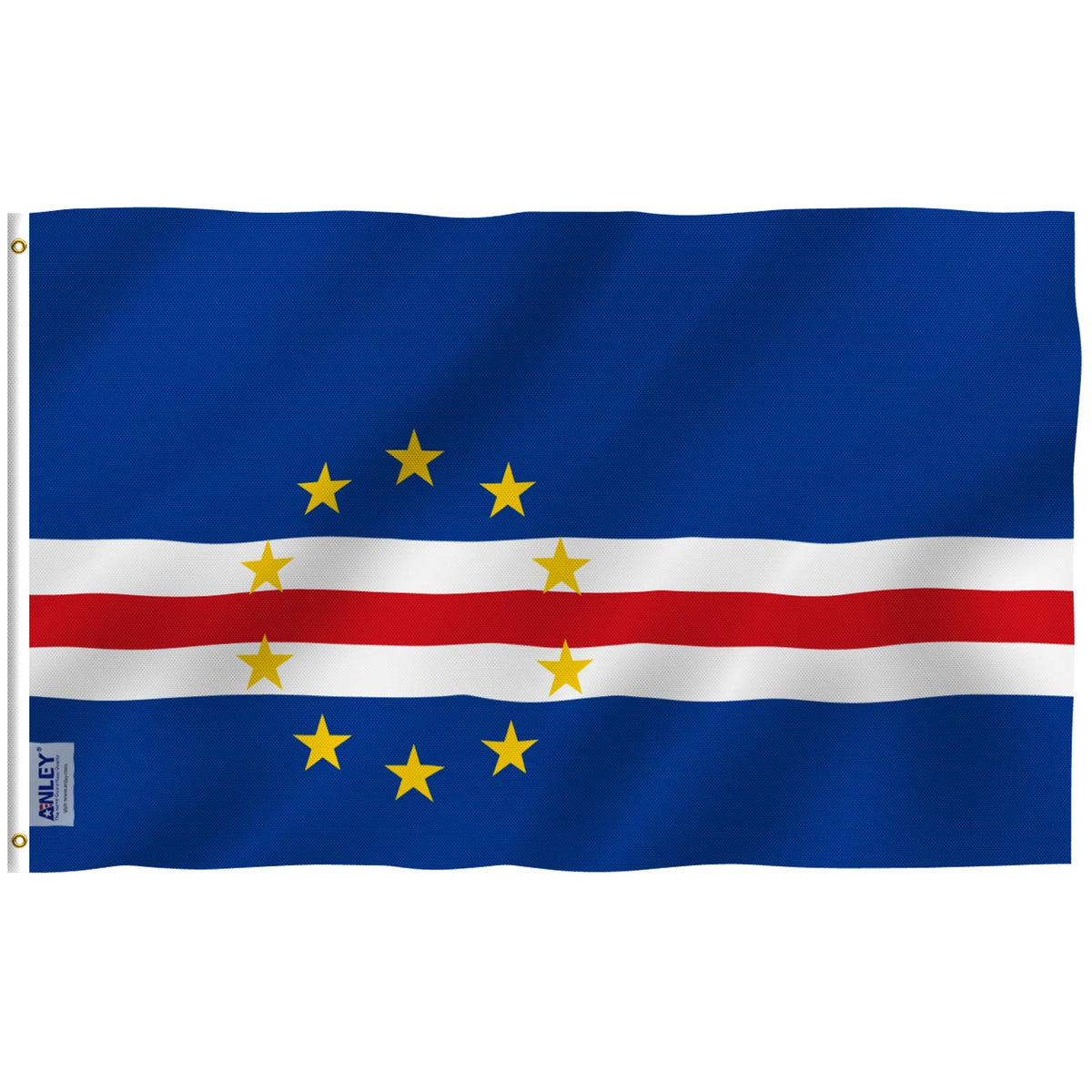 Anley Fly Breeze Cape Verde flag on a pole shows bright, fade-resistant colors outdoors.