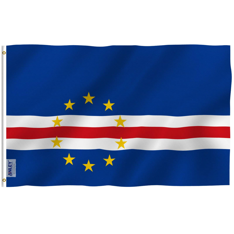 Anley Fly Breeze Cape Verde flag on a pole shows bright, fade-resistant colors outdoors.