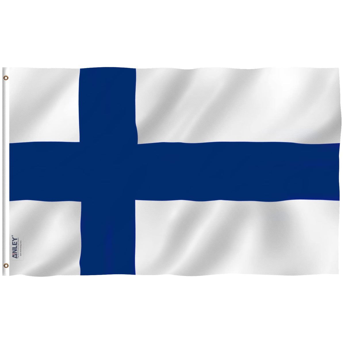 Anley Finland flag fluttering in a light breeze with vivid colors.