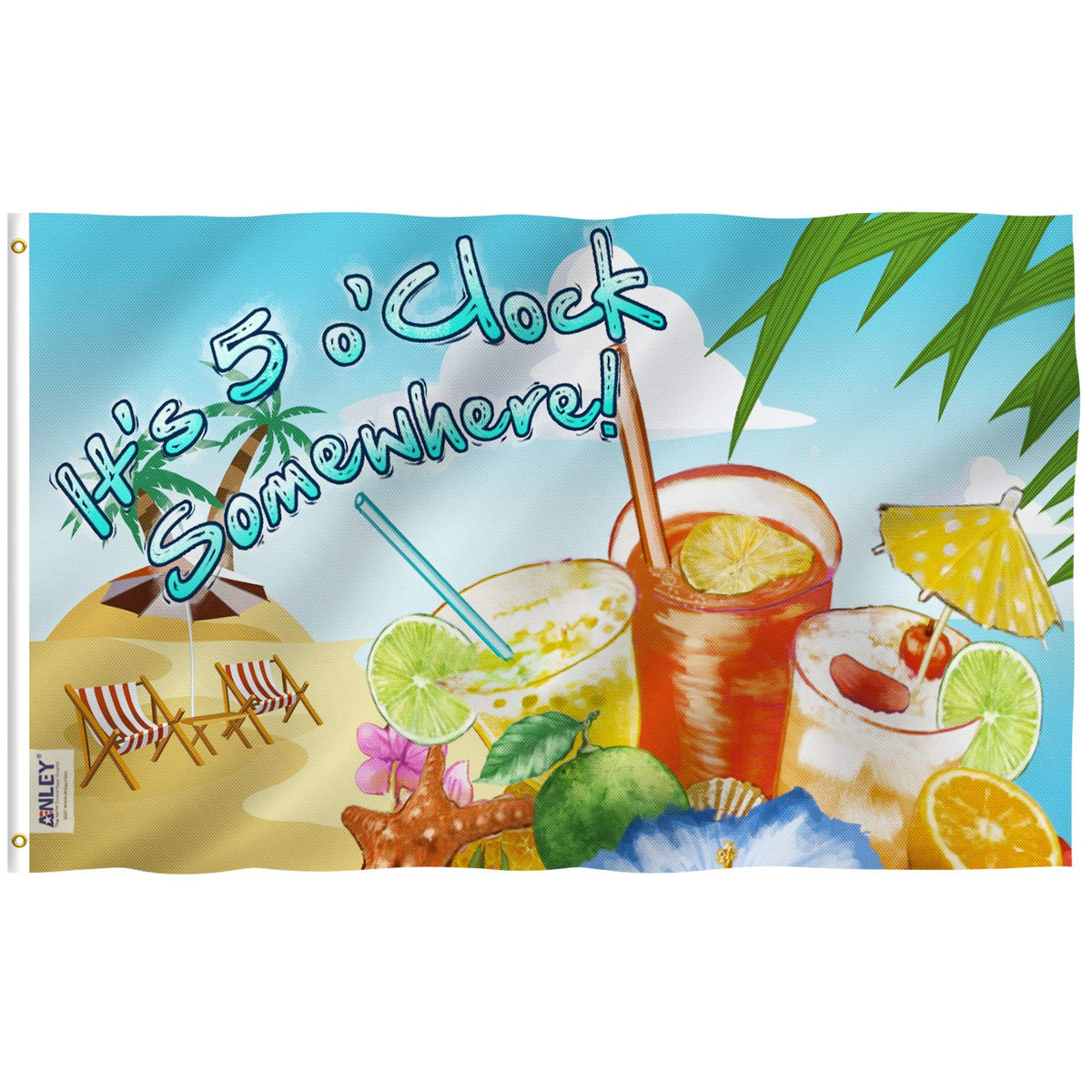 Anley Fly Breeze flag on a sandy beach, vivid outdoor display.