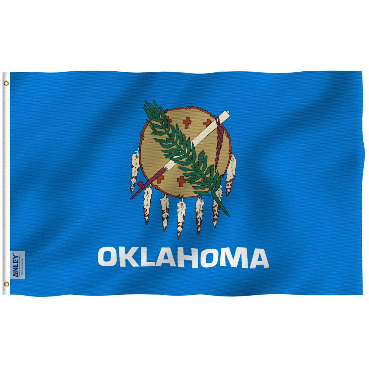 Anley Fly Breeze Oklahoma flag with canvas header waving in light breeze.