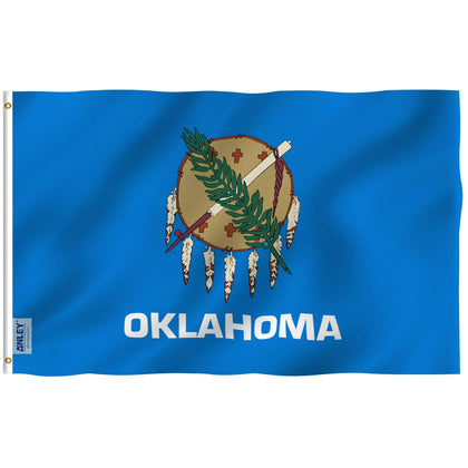 Anley Fly Breeze Oklahoma flag with canvas header waving in light breeze.