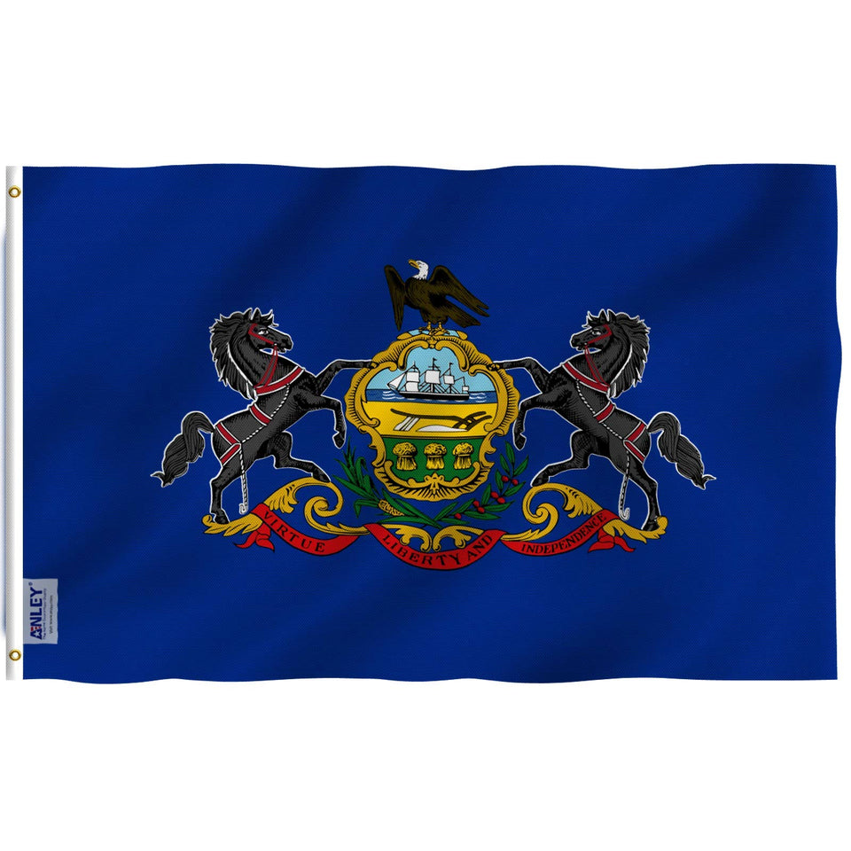 Anley Fly Breeze Pennsylvania state flag 3x5 with vivid outdoor colors and low-wind design.