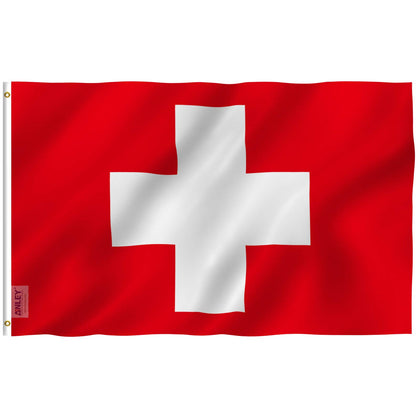 Anley Fly Breeze Switzerland flag 3x5 - front view ideal for outdoor display with vivid color.