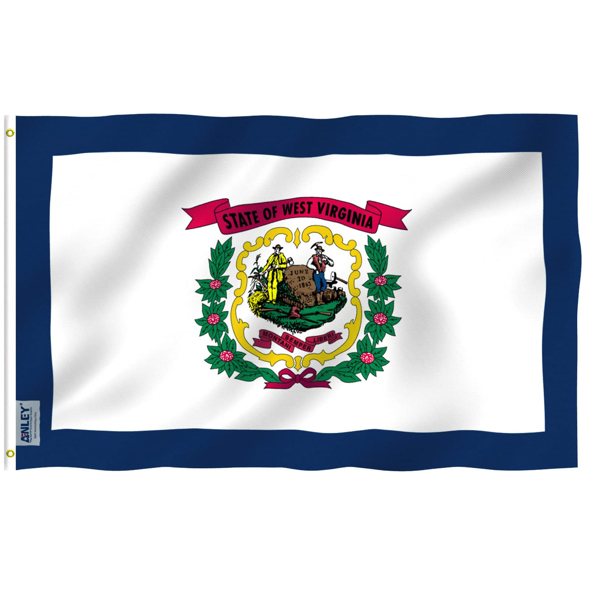 Anley Fly Breeze WV flag front close-up with vivid outdoor colors