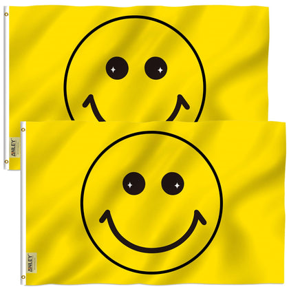 Anley Fly Breeze yellow happy face flag fluttering in sunlit breeze for outdoor decor