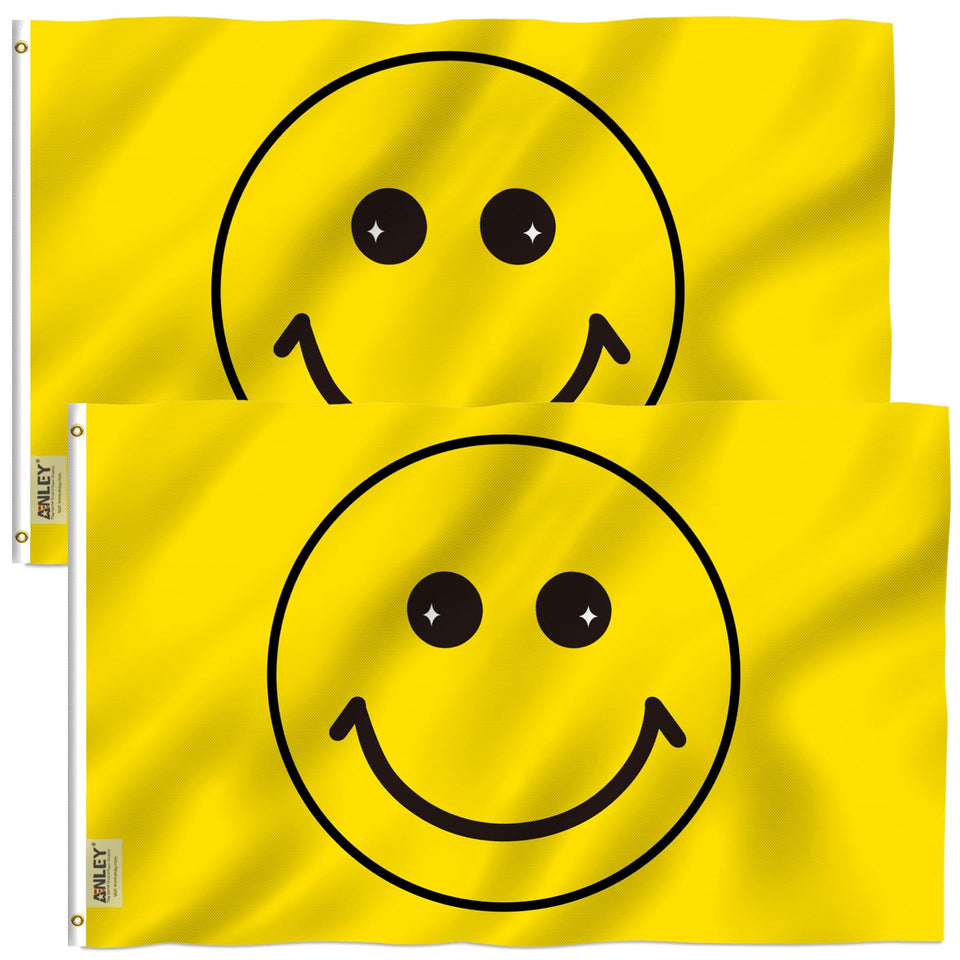 Anley Fly Breeze yellow happy face flag fluttering in sunlit breeze for outdoor decor