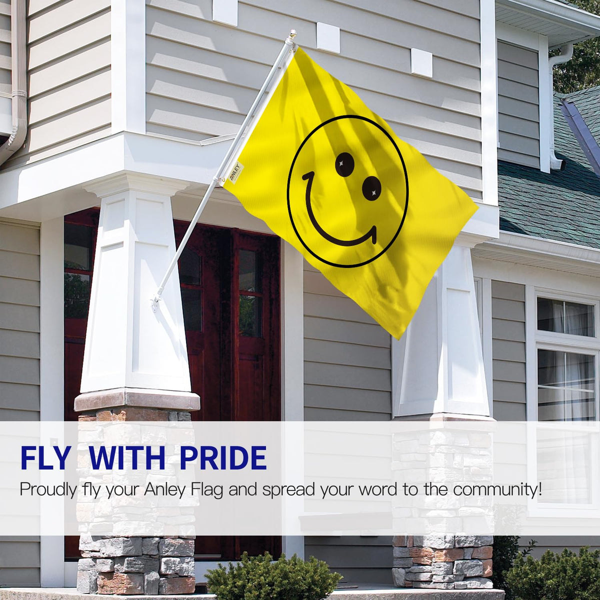 Two Anley yellow happy-face flags displayed on a porch for curb appeal