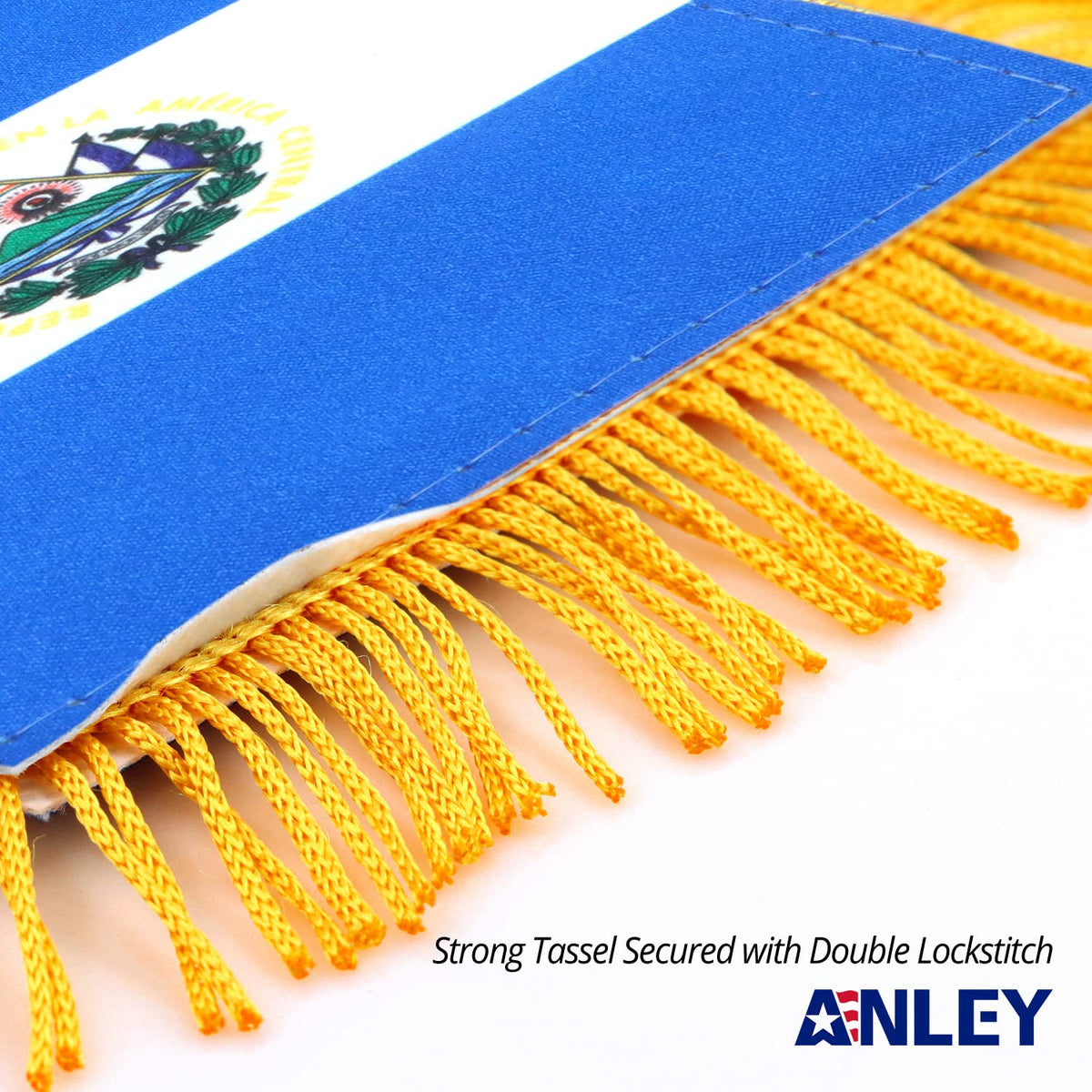 Anley fringe flag close-up showing fade-resistant colors in sunlight.