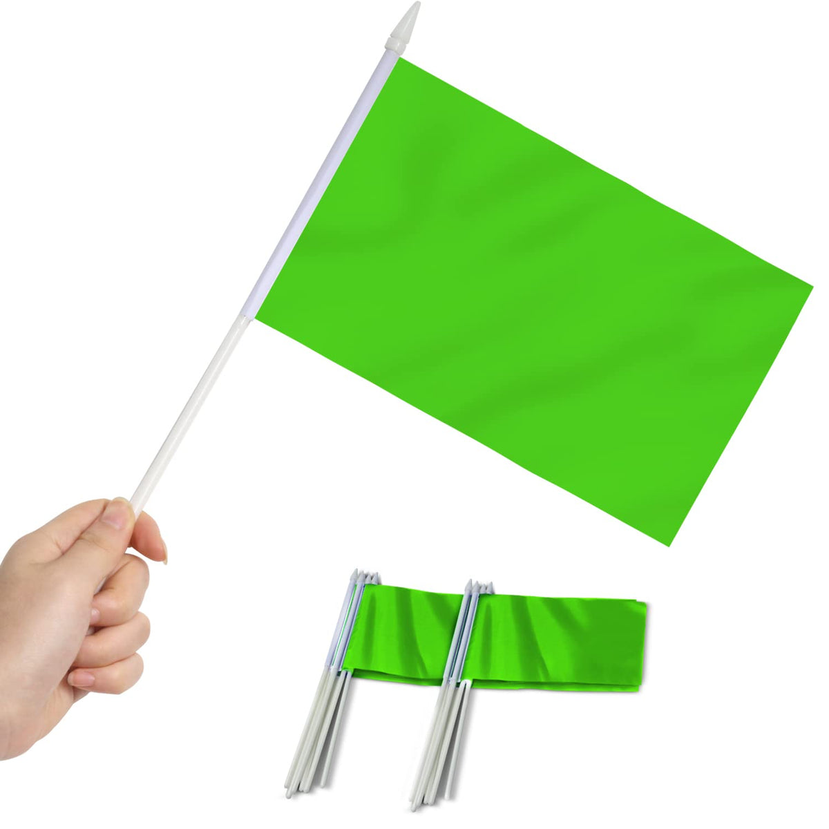 Anley green mini flag handheld on a solid spear-top pole for portable display.