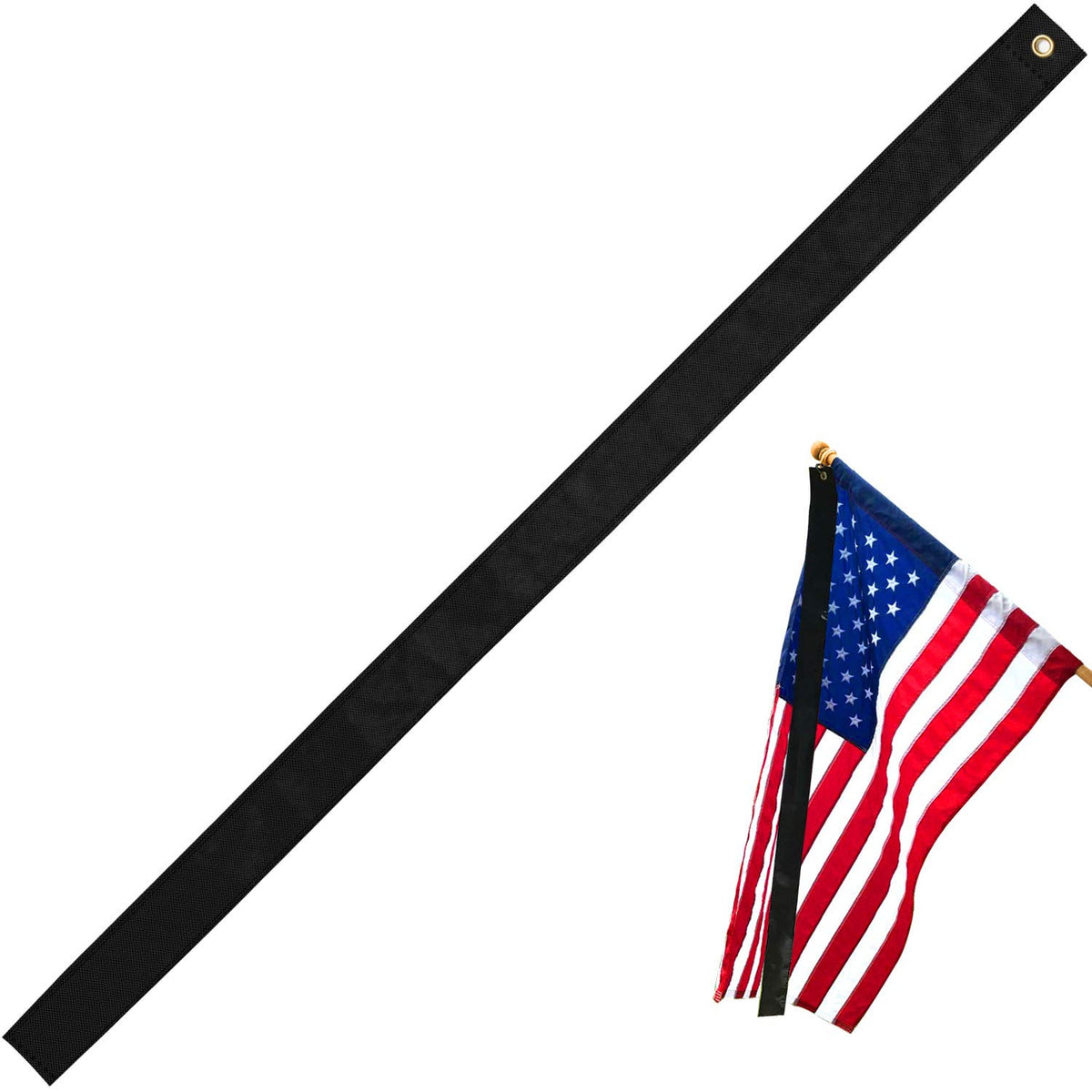 Anley half-mast mourning ribbon attached to a flag for respectful display.