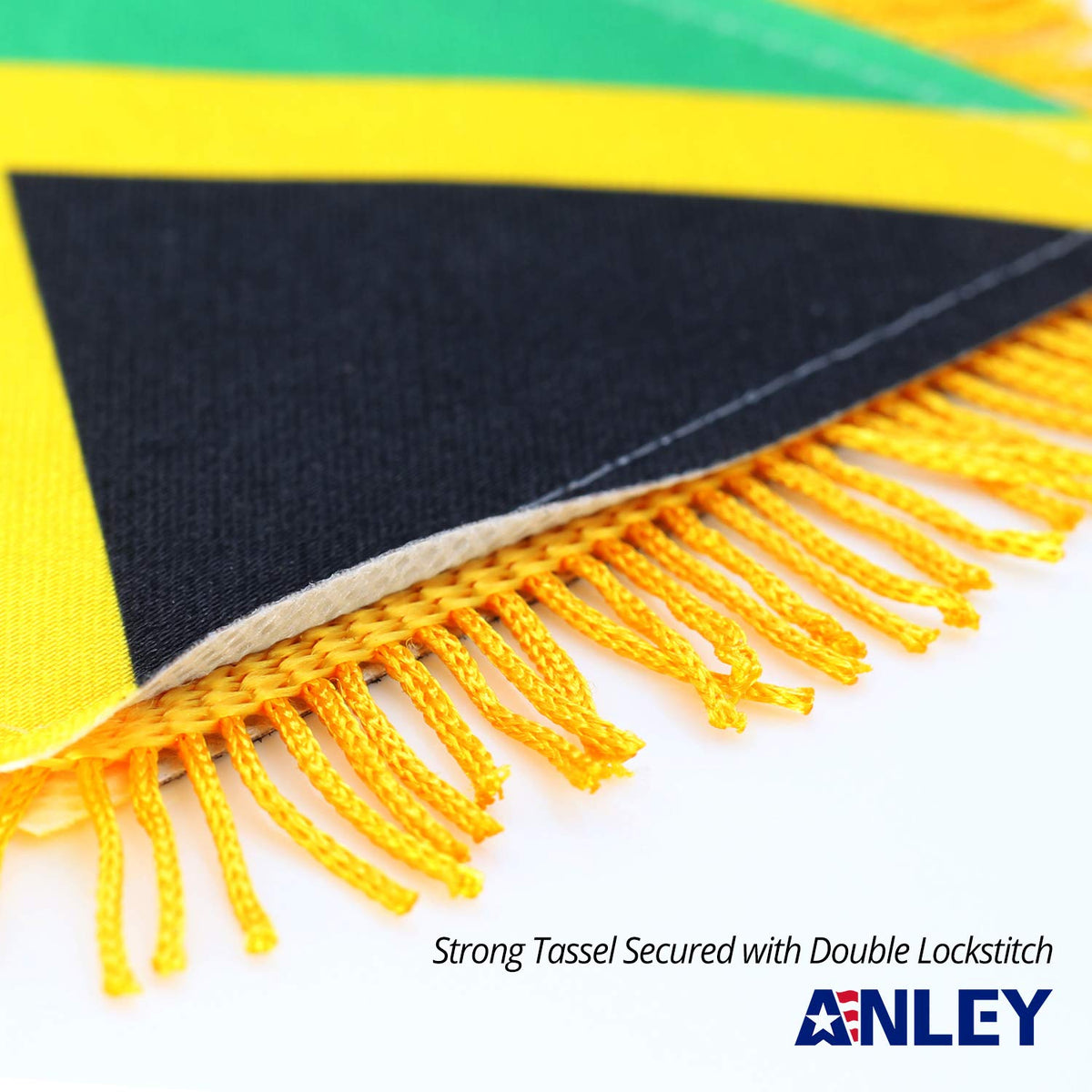 Anley Jamaica fringed flag dual sided displays bright color from both directions.