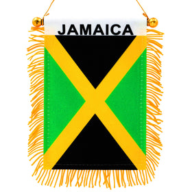 Anley Jamaica fringy window flag 4x6 hangs in car for vibrant pride.