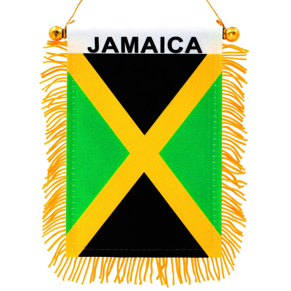 Anley Jamaica fringy window flag 4x6 hangs in car for vibrant pride.