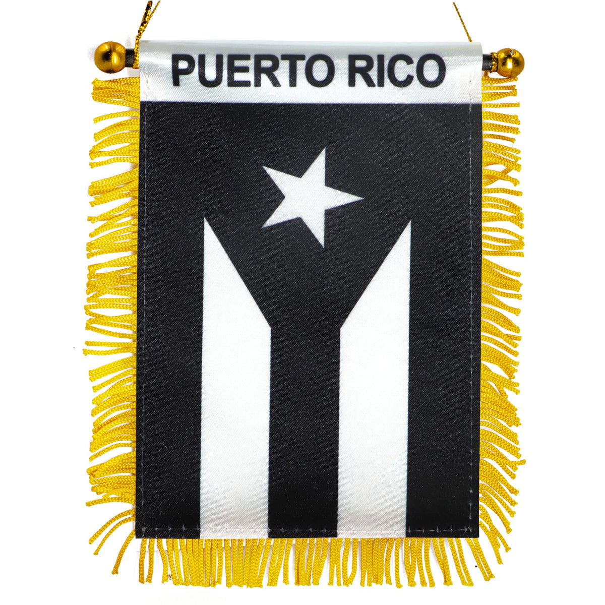 Anley Puerto Rico fringed flag 4x6 displayed in a car window, compact and durable.