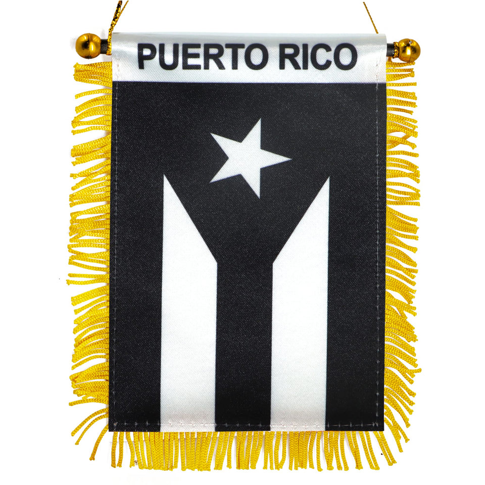 Anley Puerto Rico fringed flag 4x6 displayed in a car window, compact and durable.