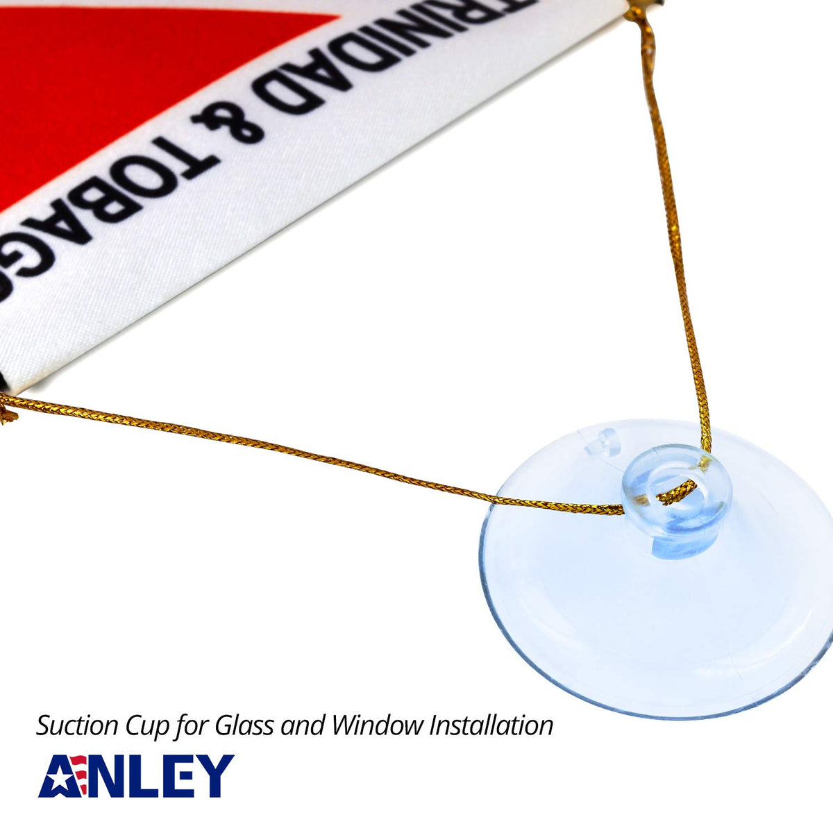 Anley flag with suction hanger mounts easily to rear-view mirror.