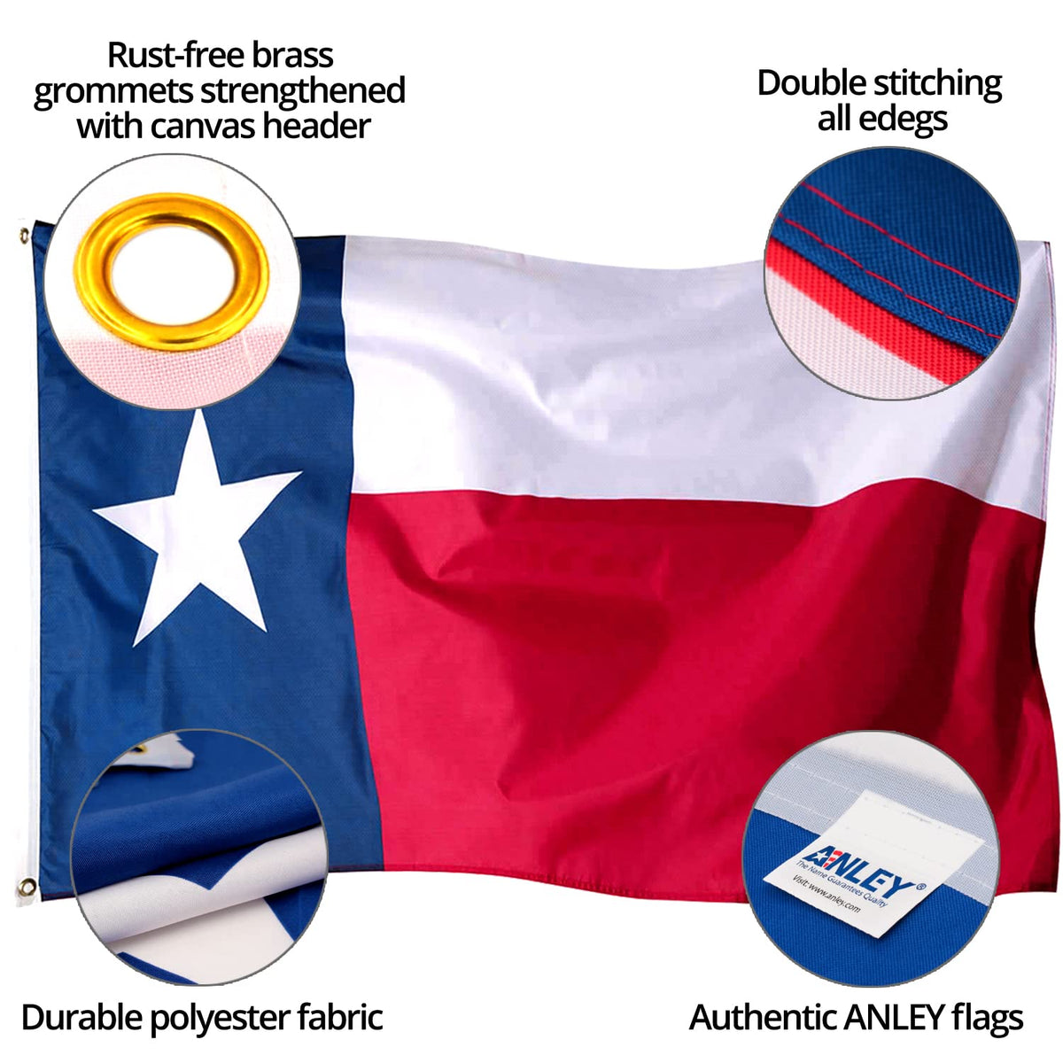 Anley Texas flag 3x5 with double-stitched edges ensures lasting wear.