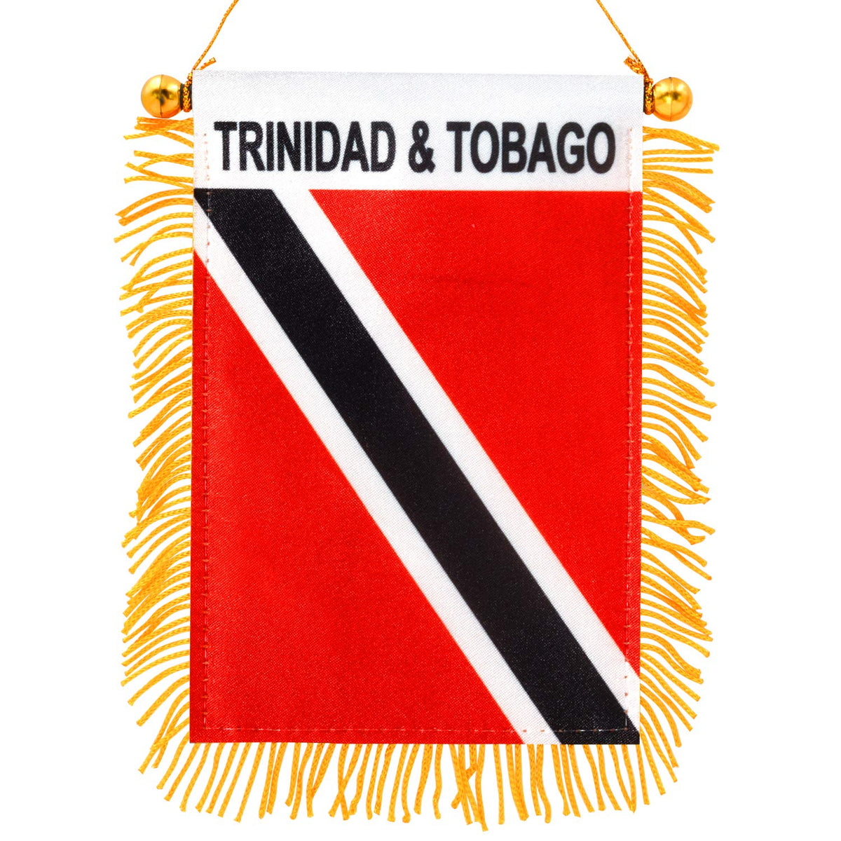 Anley Trinidad and Tobago fringed window flag with durable double stitching for car or home display.