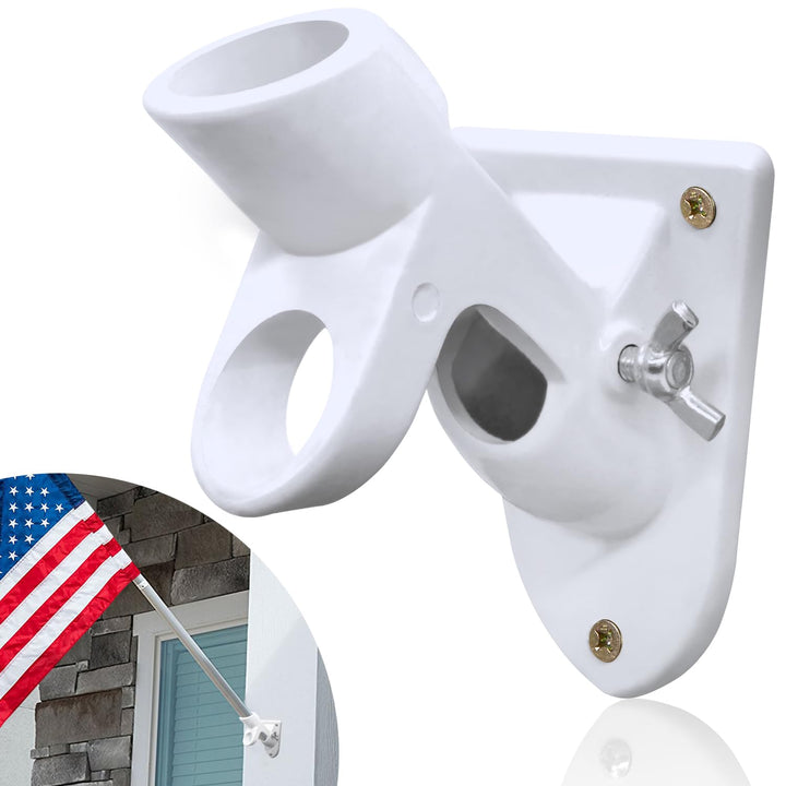 Anley two-position flag pole holder bracket in white for versatile mounting.