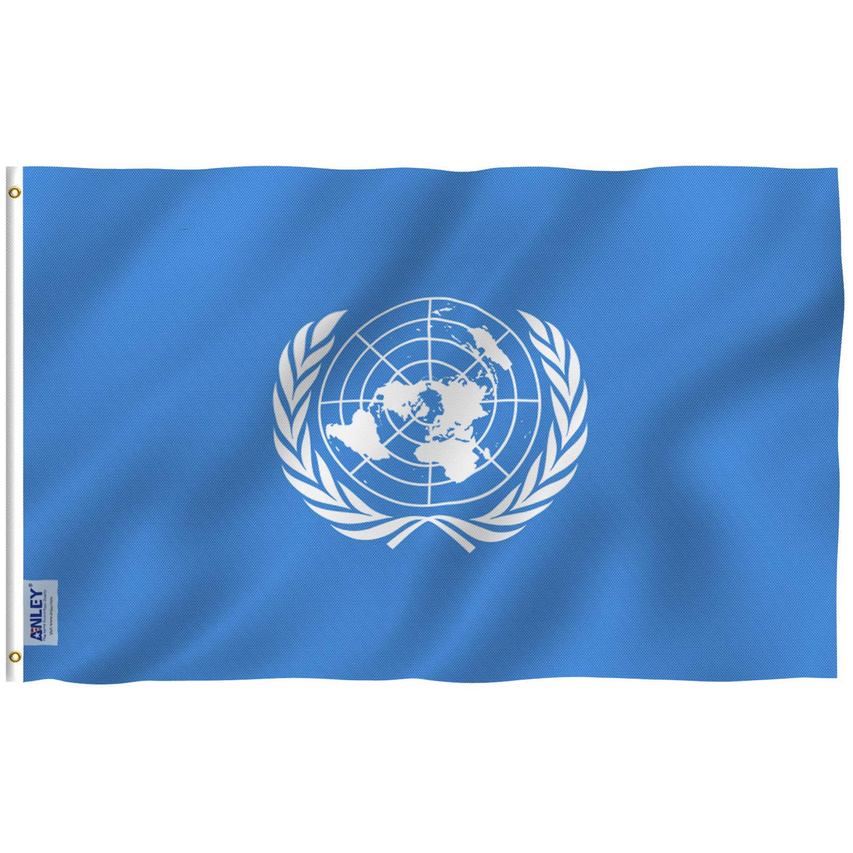 Anley United Nations flag in Fly Breeze design fluttering in a gentle breeze.